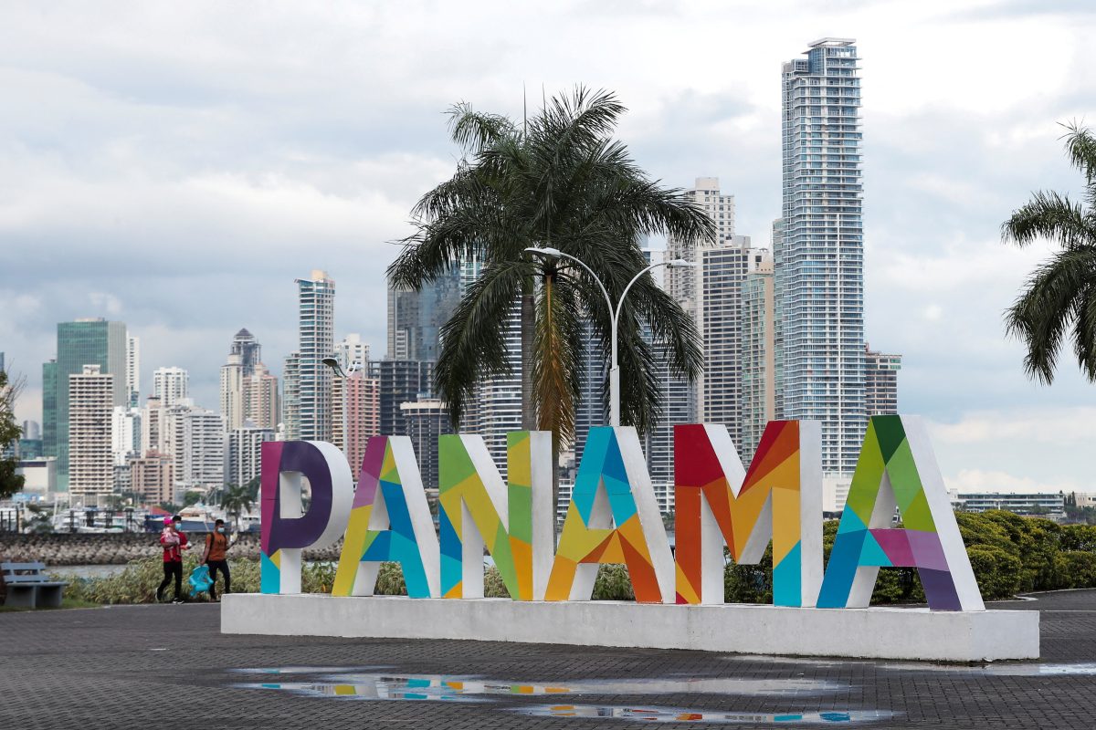 FILE PHOTO: A Panama sign is seen at a photographic parador with the skyline of the city in the background, in Panama City, Panama October 4, 2021. REUTERS/Erick Marciscano/File Photo
