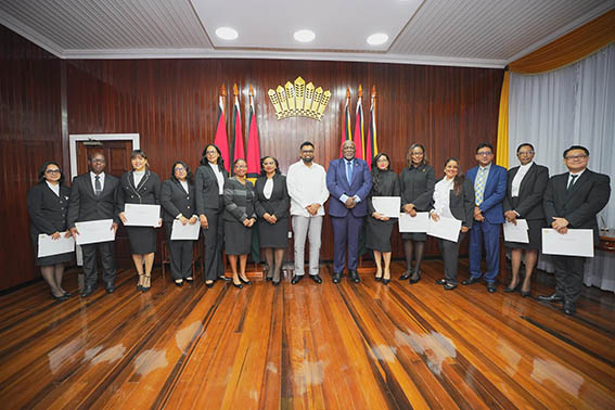   Justices Zamilla Ally-Seepaul, Nigel Niles, Deborah Kumar-Chetty, Joy Persaud-Singh, Nicola Pierre, Roxane George and Yonette Cummings-Edwards, President Irfaan Ali, Prime Minister Mark Phillips, Justices Hessaun Sharifa Yasin, Sherdel Isaacs-Marcus and Priscilla Chandra-Hanif, Attorney General Anil Nandlall SC and Justices Jacqueline Josiah-Graham and Peter Hugh (Office of the President photo)
