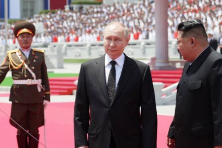 Russia’s President Vladimir Putin (C) and North Korea’s leader Kim Jong Un (R) attend a welcoming ceremony at Kim Il Sung Square in Pyongyang on June 19, 2024.
Gavriil Grigorov | Afp | Getty Images
