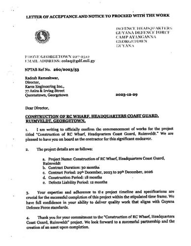 Part of the GDF’s letter of acceptance to Kares Engineering Inc
