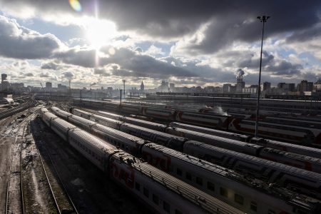 FILE PHOTO: A view shows train carriages of the Russian Railways on a frosty day in Moscow, Russia November 17, 2023. REUTERS/Maxim Shemetov/File Photo