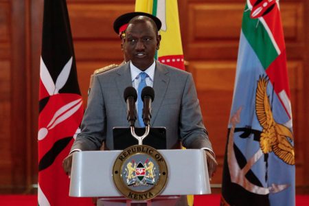 FILE PHOTO: Kenya's President William Ruto speaks at a press conference after police officers shot protesters demonstrating against Kenya's proposed finance bill 2024/2025 in Nairobi, Kenya, June 25, 2024. REUTERS/Monicah Mwangi/File Photo