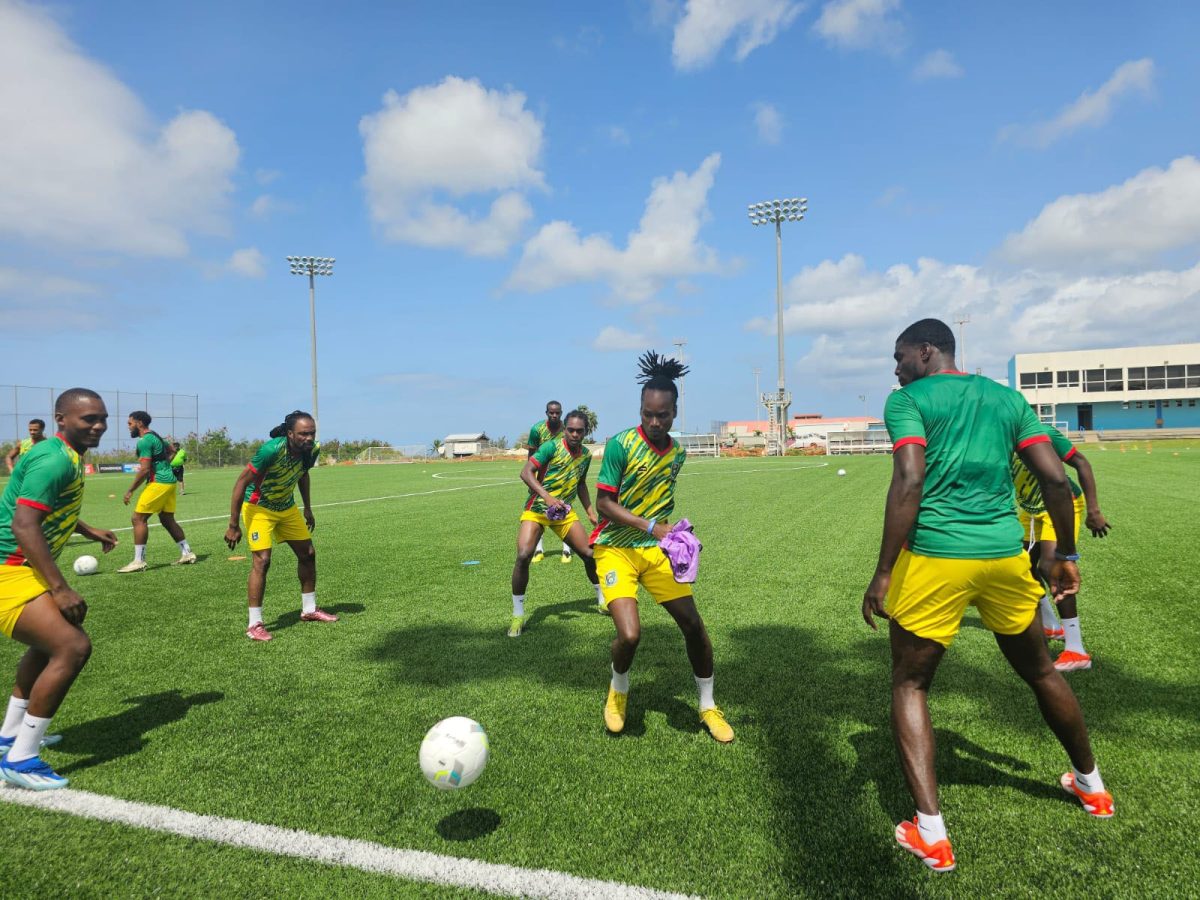 Guyana’s National Men’s team, the Golden Jaguars will be eager to pounce on Belize as they look to get their World Cup qualifying campaign off the ground. This photo shows the team in training drills in Barbados ahead of this evening’s match. 
