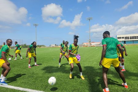 Guyana’s National Men’s team, the Golden Jaguars will be eager to pounce on Belize as they look to get their World Cup qualifying campaign off the ground. This photo shows the team in training drills in Barbados ahead of this evening’s match. 
