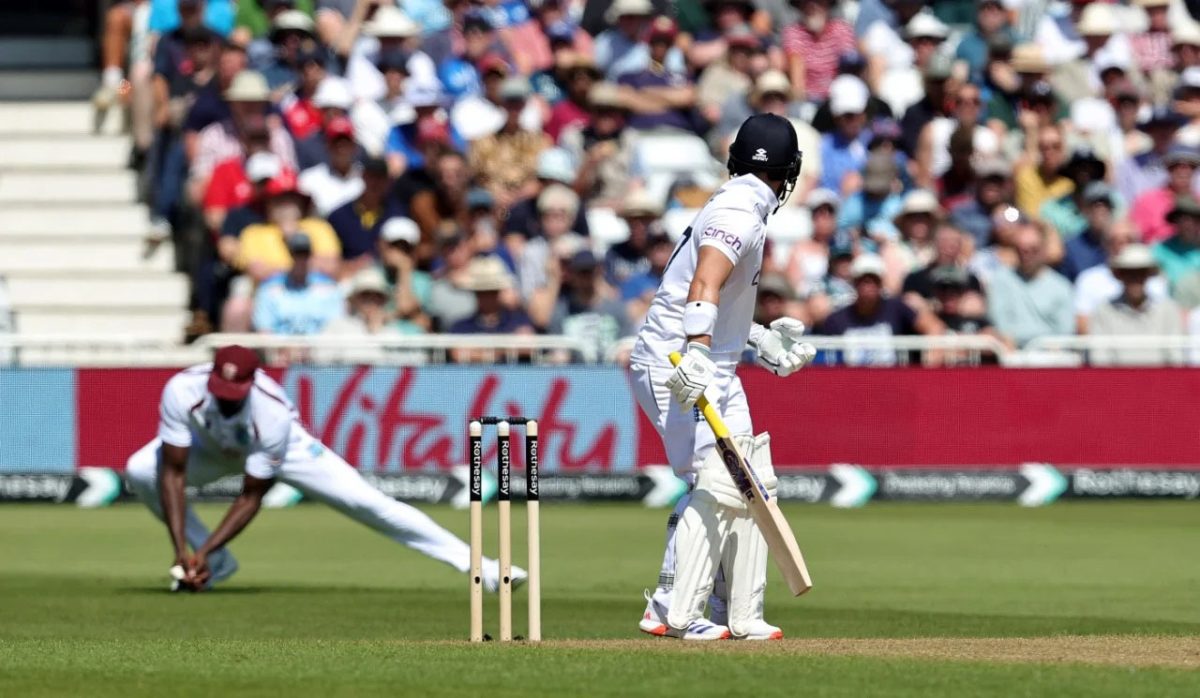 Ben Duckett is caught by Jason Holder off the bowling of Shamar Joseph for 71