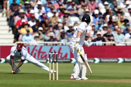 Ben Duckett is caught by Jason Holder off the bowling of Shamar Joseph for 71