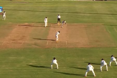 Guyana’s Sachin Balgobin is bowled for four by Raneico Smith