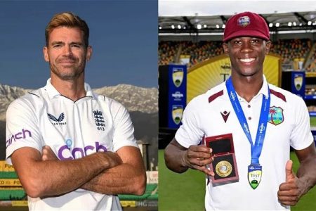 England’s iconic fast-bowler and leading wicket-taker James Anderson (left) will be hoping to make an impact in his farewell Test, while Shamar Joseph will be aiming to continue his meteoric rise in the longer format following his exploits against Australia
