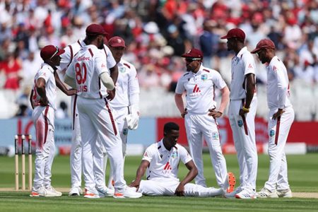 The West Indies will attempt
to produce a
better performance in the
2nd Test against England, which
starts today. Guyanese
Shamar Joseph
(sitting on the ground) is a doubt owing to an injury in the 1st Test.