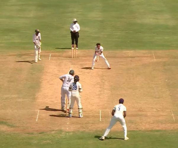 Jonathan Van Lange, who top scored for Guyana with 48, is about to be caught and bowled by Zishan Motara