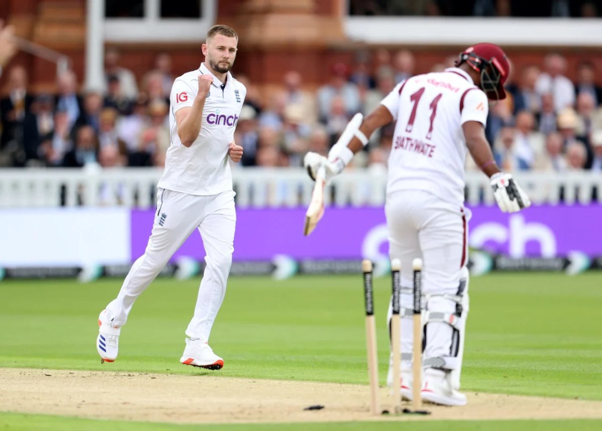 Kraigg Brathwaite was Gus Atkinson’s first of seven eventual victims, as he was bowled for 6
