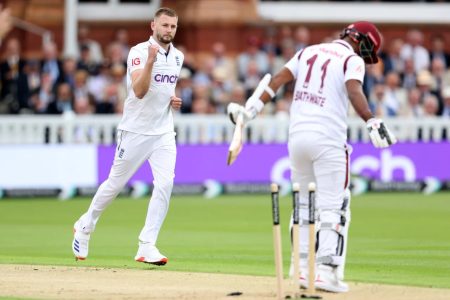 Kraigg Brathwaite was Gus Atkinson’s first of seven eventual victims, as he was bowled for 6
