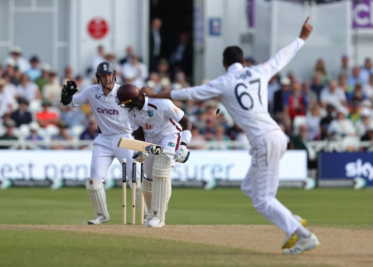 Jason Holder is bowled by Shoaib Bashir for 37
