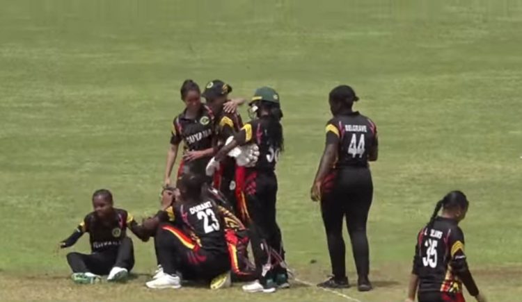 The Guyanese players celebrate following a close 2-run victory over the Leeward Islands
