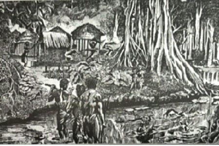 Depiction of a maroon encampment by Barrington Braithwaite
(in Alvin Thompson, A Documentary History of Slavery in Berbice, 2002)
