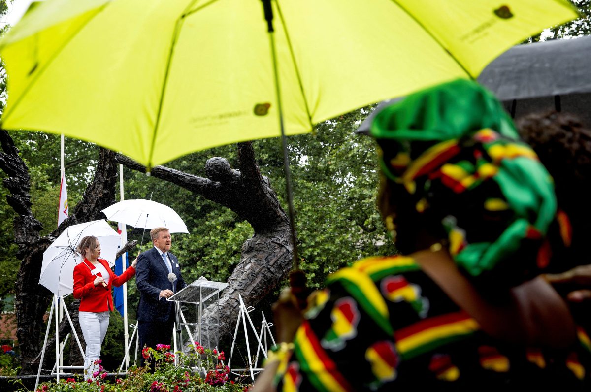 FILE PHOTO: The Netherlands' King Willem-Alexander gives a speech during the National Remembrance Day of Slavery in the Oosterpark, in Amsterdam, Netherlands, July 1, 2023. Remko de Waal/Pool via REUTERS/File Photo