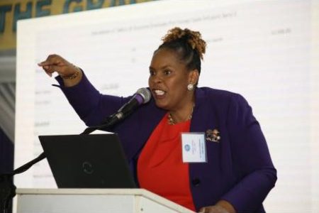 La Sonja Harrison, then president of the Jamaica Teachers’ Association, addressing a special delegates conference at The Mico University College on March 8, 2023.