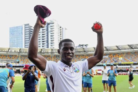 Shamar Joseph celebrating the West Indies' victory over Australia at Brisbane in January 2024. (Photo credit - CWI Media)
