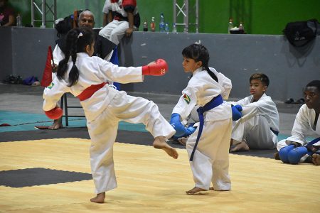 Amia Dyal (right) of Guyana placed second in the girls 5-7 Kata and Kumite. (Zaheer Mohamed photo)
