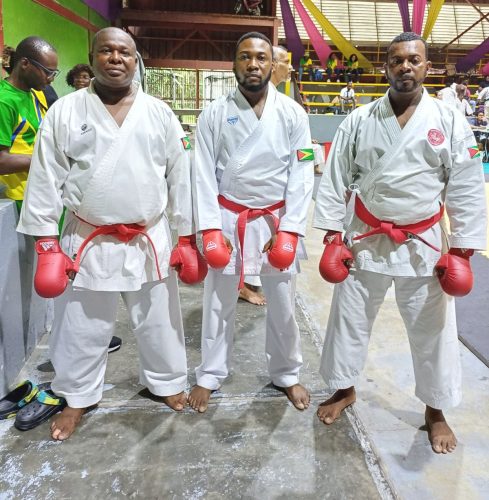 The Guyanese combination (from left) of Malcolm Francis, Jason Jerrick, and Keith Beaton captured gold in the men’s 40-49 team section of Kata, Bunkai, Kumite, and Enbu