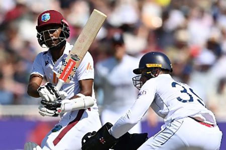  Captain Kraigg Brathwaite bats on Sunday’s penultimate day of the second Test.
