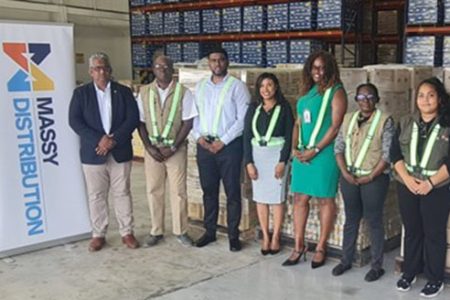 From left are Chairman of Guyana’s Private Sector Commission Komal Singh, Deputy Director General of the Civil Defence Commission (CDC) Lieutenant Colonel (Ret’d) Mark Thomas, CFO of Massy Distribution Guyana (Inc) David Dharamraj, Senior Manager of Massy Distribution Teisha Milner and Senior Business Development Manager of Nestle Candice Canzius and others.