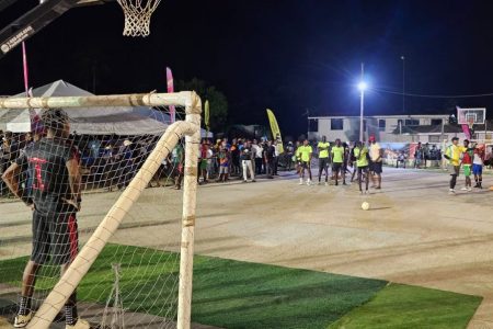 A moment from the penalty shootout between Stabroek Ballers and
Hardball in the Mocha Village Cup ‘Soft Shoe’ Football Championship