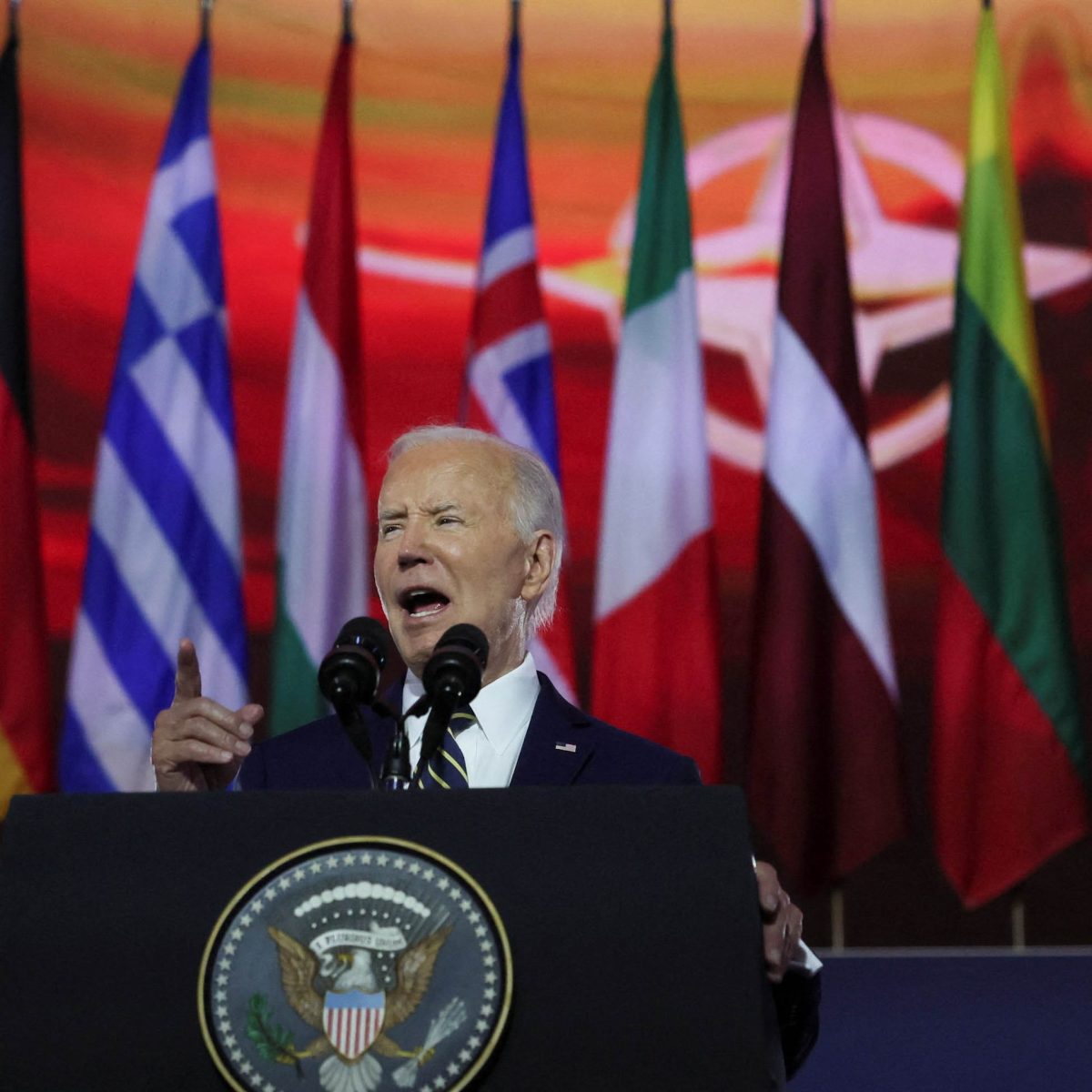 U.S. President Joe Biden delivers remarks at a NATO event to commemorate the 75th anniversary of the alliance, in Washington, U.S., July 9, 2024. REUTERS/Leah Millis