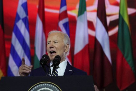 U.S. President Joe Biden delivers remarks at a NATO event to commemorate the 75th anniversary of the alliance, in Washington, U.S., July 9, 2024. REUTERS/Leah Millis