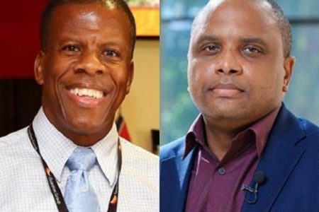 Dale McLeod, left, and Shakka Subero, the two individuals nominated by the Government to sit on the Board of Directors of One Caribbean Media. Their nomination was rejected by the majority of OCM's shareholders during the 56th annual meeting at Express House on July 11.