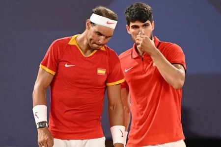 Rafael Nadal (left) and Carlos Alcaraz were eliminated at the
quarterfinal section in the men’s doubles