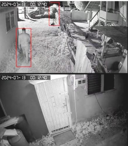 Screenshots of the security footage of her ex lurking around her property 