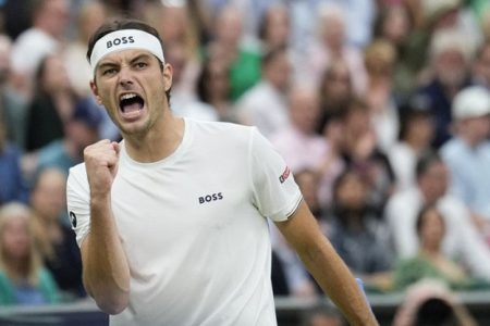 Taylor Fritz of the United States reacts during his fourth round match against Alexander Zverev of Germany at the Wimbledon tennis championships in London, Monday, July 8, 2024.
AP Photo/Mosa'ab Elshamy
