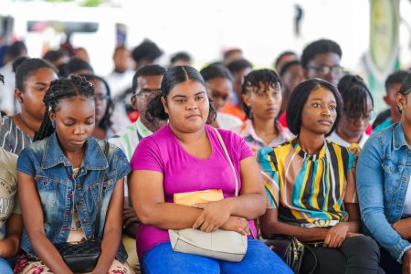 Some of the students listening as President Irfaan Ali addressed them.  (Office of the President photo)