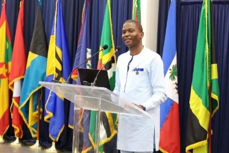 Chairman and Grenada Prime Minister Dickon Mitchell responding to a question at the news conference at the conclusion of the Caricom Heads of Government meeting in St George’s, Grenada yesterday.