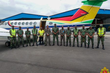 An eight-member preliminary team from the Guyana Defence Force (GDF), led by Lt. Col. Andy Pompey, has been sent to Grenada to conduct a thorough damage assessment and needs analysis following the passage of Hurricane Beryl. A release from the GDF said that this analysis is being done ahead of the deployment of a larger contingent from the GDF, which will assist in rebuilding critical infrastructure necessary for restoring normalcy in the affected communities. This GDF photo shows the team.