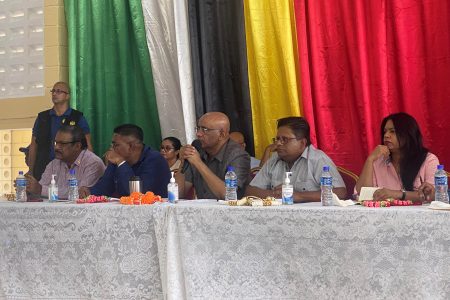 Vice President Bharrat Jagdeo (centre) speaking at the meeting. Also in photo from right are Minister of Local Government and Regional Development Sonia Parag, Minister of Finance Dr Ashni Singh, Minister of Agriculture Zulfikar Mustapha and Minister within the Ministry of Local Government and Regional Development Anand Persaud.