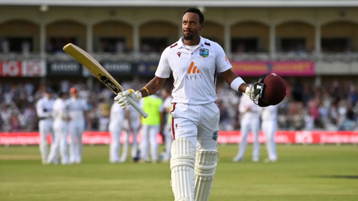 Kavem Hodge acknowledges  the crowd after his maiden Test century  •  Gareth Copley/Getty Images