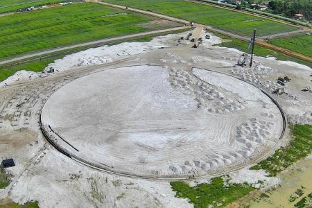 Ongoing works for the multi-purpose stadium in Palmyra, Corentyne, Berbice. $3.7 billion will be spent on the stadium and multipurpose facility with funds from the Stabroek Block oil companies’ Greater Guyana Initiative (GGI). (President Irfaan Ali Facebook page)