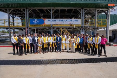 The trainee technicians along with representatives from ExxonMobil, SBM Offshore Guyana and the Minister of Natural Resources Vickram Bharrat (centre)