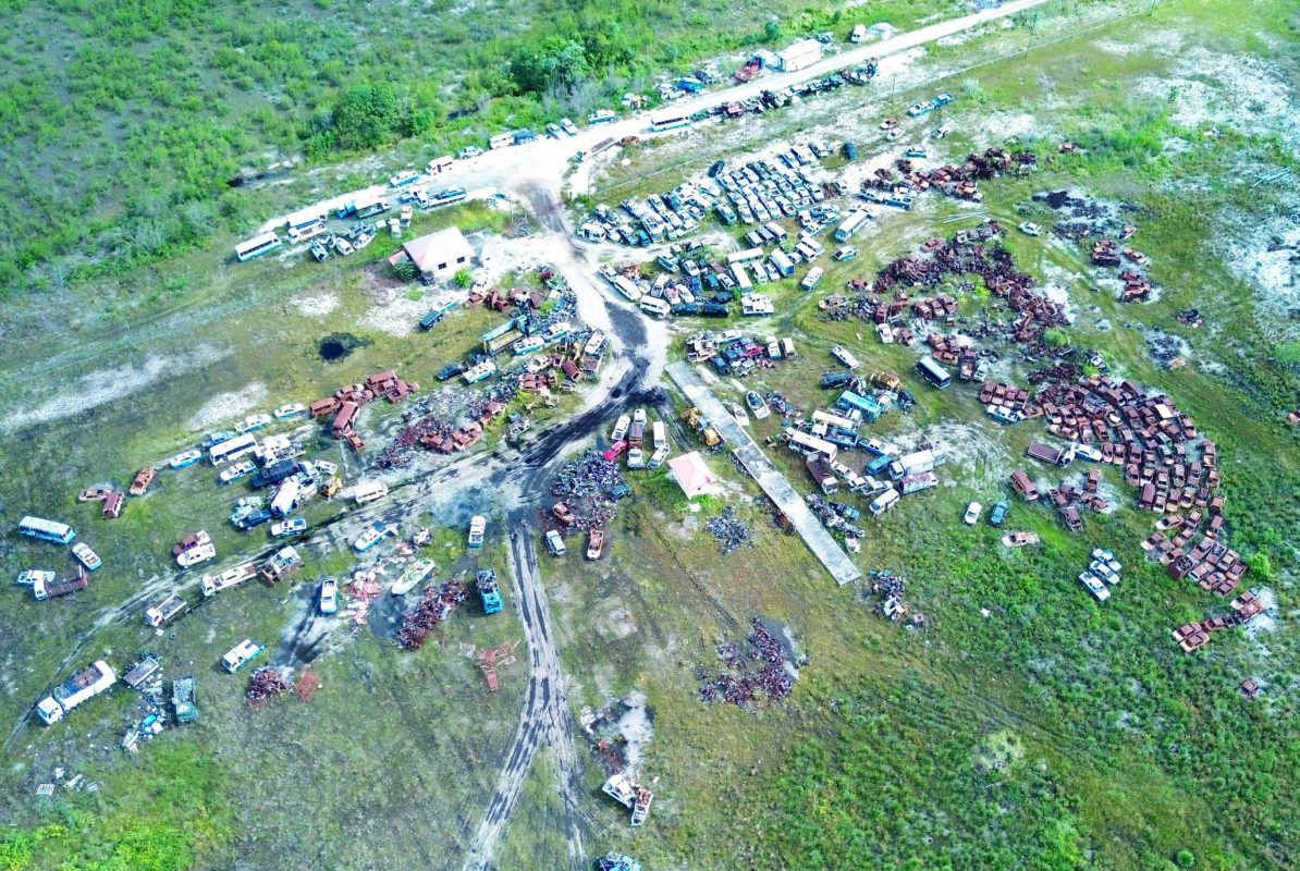 A drone shot supplied yesterday by the PNCR of what is a site for the dumping of derelict state vehicles at Swan on the Soesdyke/Linden Highway. The party had made various allegations in relation to this land. From the photo it appears that there was a fire at the location. 