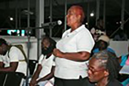 President of the Lambeau FisherFolk Association Sumwatty Ramkissoon, voices her concerns during the consultation on making claims following the oil spill at the Food Hub, Shaw Park, on Monday.
