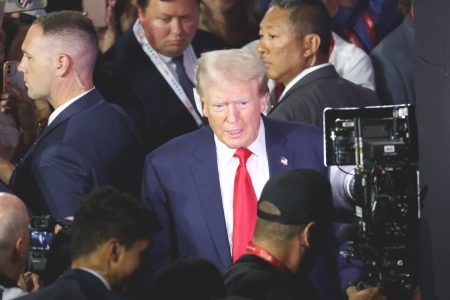 Republican presidential candidate and former President Donald Trump attends Day 1 of the Republican National Convention (RNC), at the Fiserv Forum in Milwaukee, Wisconsin, U.S., July 15, 2024. REUTERS/Mike Segar
