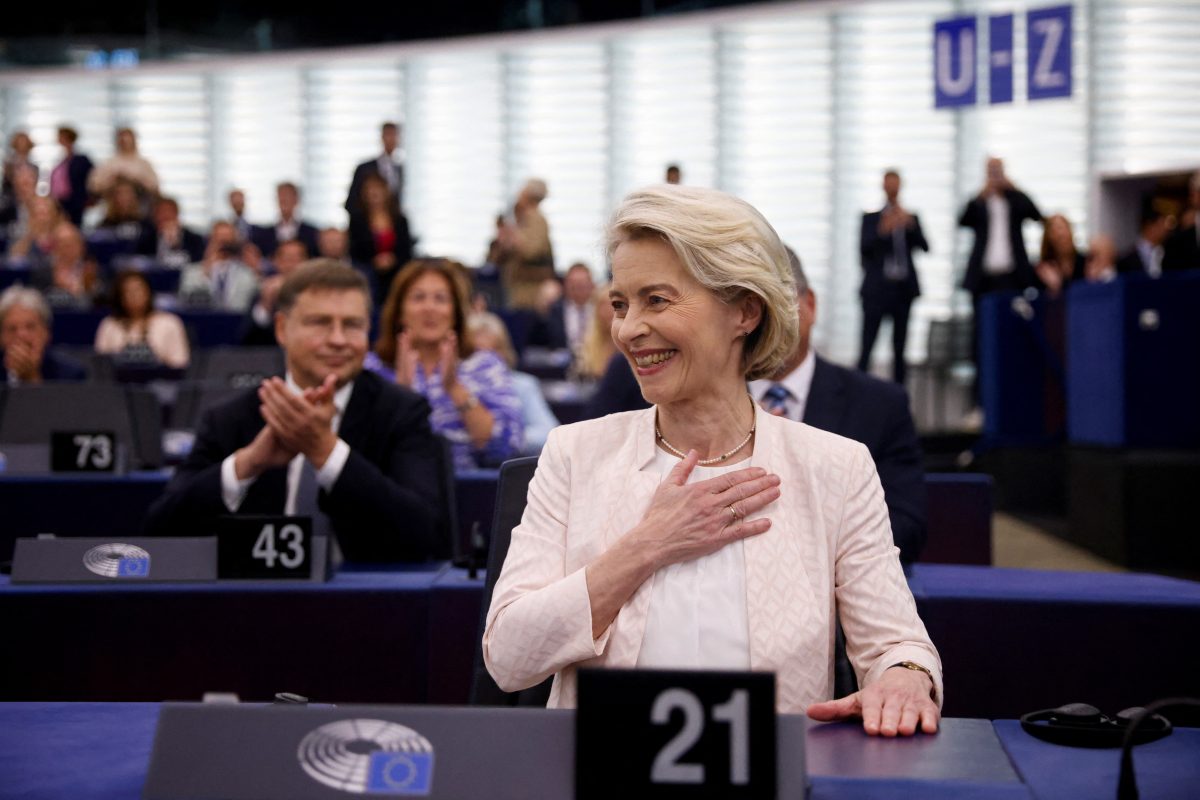 Ursula von der Leyen reacts after being chosen President of the European Commission for a second term, at the European Parliament in Strasbourg, France, July 18, 2024. REUTERS/Johanna Geron