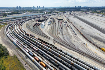 A drone view shows stacked containers at the CPKC Toronto yard, after Canadian National Railway (CN) and Canadian Pacific Kansas City (CPKC) locked out workers following unsuccessful negotiation attempts with the Teamsters union, in Toronto, Ontario, Canada August 22, 2024.