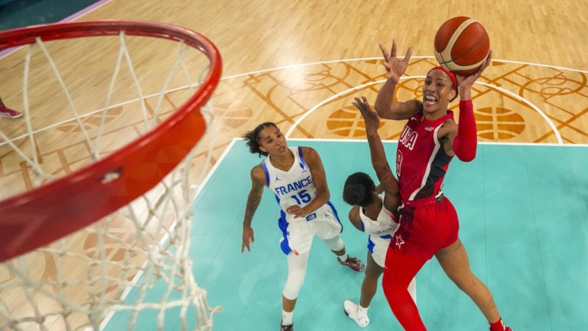 A’ja Wilson (right) of the USA attempts a jump shot against France during the women’s basketball final