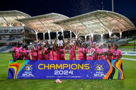 Barbados Royals celebrate after retaining the Women’s CPL crown following their victory over the Trinbago Knight Riders in the final. (ESPN Cricinfo Photo)