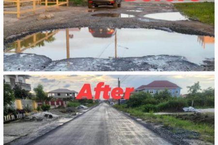 Before and after photo of Farm main access road, East Bank Demerara (DPI photo)
