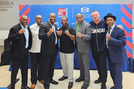 (From left) GBA President Steve Ninvalle poses alongside his Caribbean
counterparts Vincent Straun of the Bahamas, Neil Roberts of Grenada, Shawn Blair of St. Maarten, Vice President Ronald Joefield of Trinidad, Edwin Bass of Curacao, and David Christopher of St. Lucia after the
conclusion of the America Boxing Confederation (AMBC) Forum.