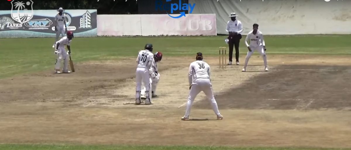 Gulcharran Chulai, who snared 4-34 to help put Guyana on top in their 2-day encounter against the Leeward Islands, bowls Carlton Pluck.